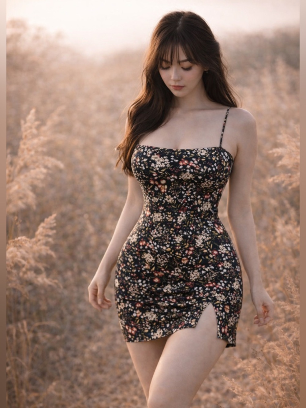 Wrapped in Satin + Starlight silky thigh slit midnight meadowcore mini dress